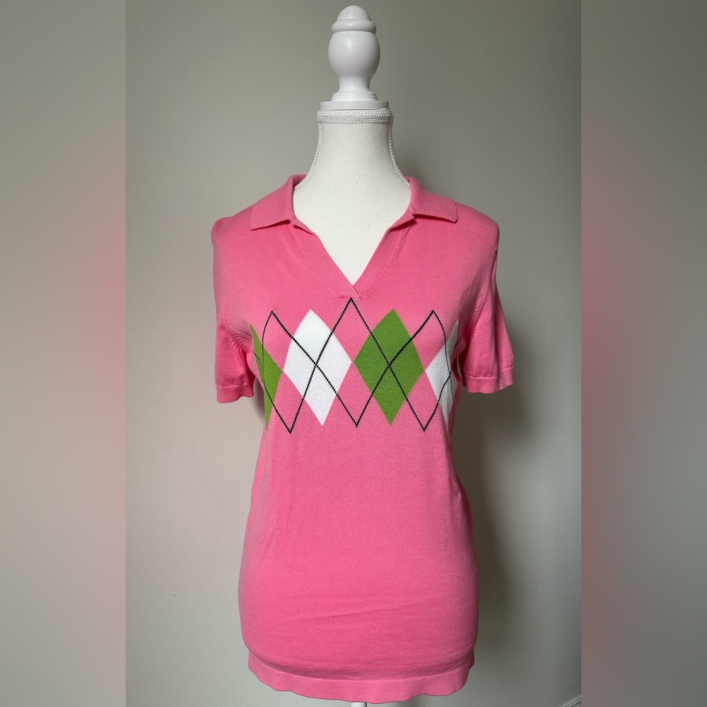 TOMMY HILFIGER‎ Y2K Pink Argyle Collared Preppy Golf Short Sleeve Size M